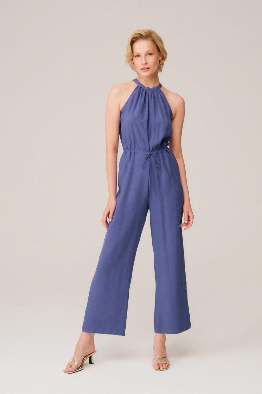 Halter Neckline Sleeveless Chiffon Pleated Jumpsuit Dusty Blue Plus Size main image 0