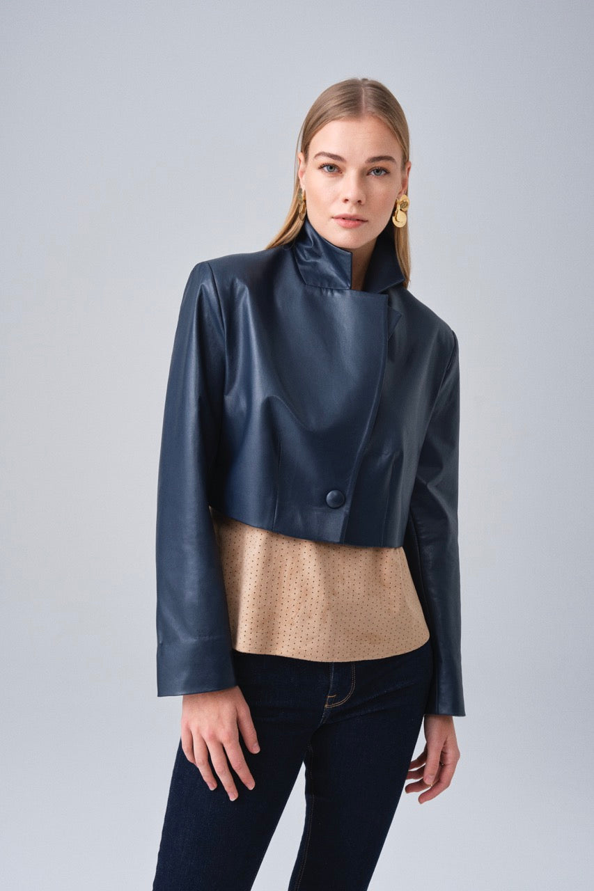 Navy Faux Leather Bolero Jacket