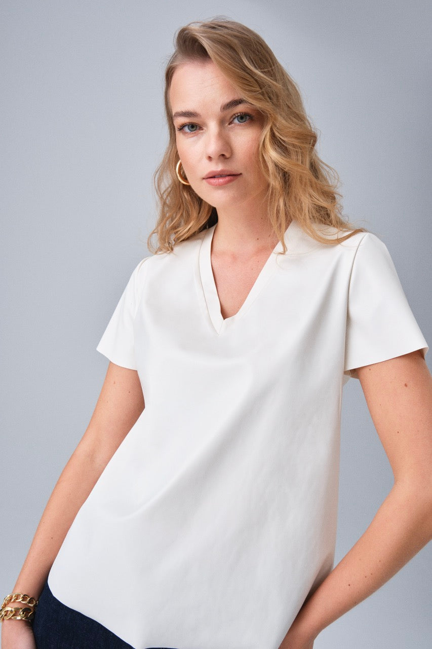 White Faux Leather V-Neck T-Shirt