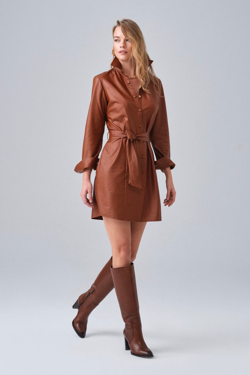 Brown Faux Leather Shirt Dress