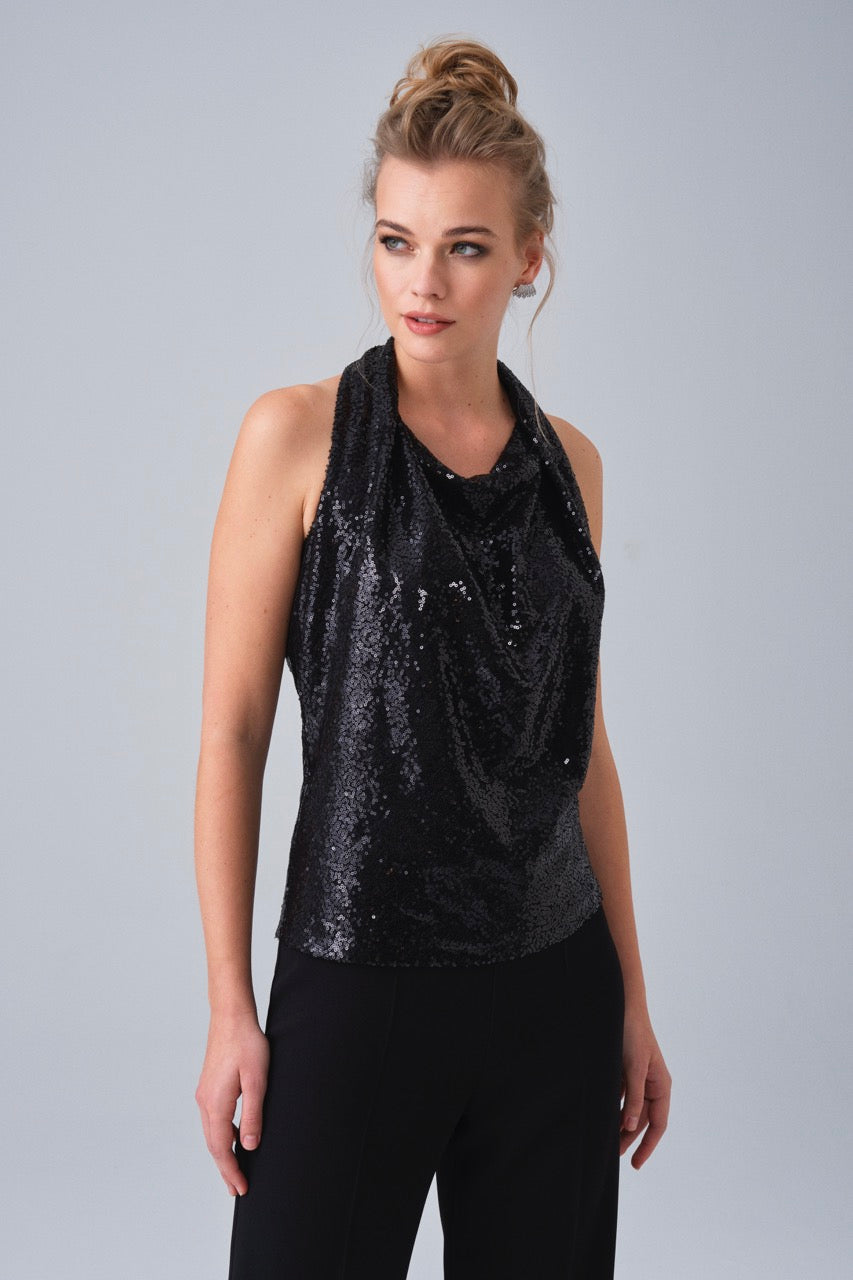 Black Sequin Cowl Neck Top