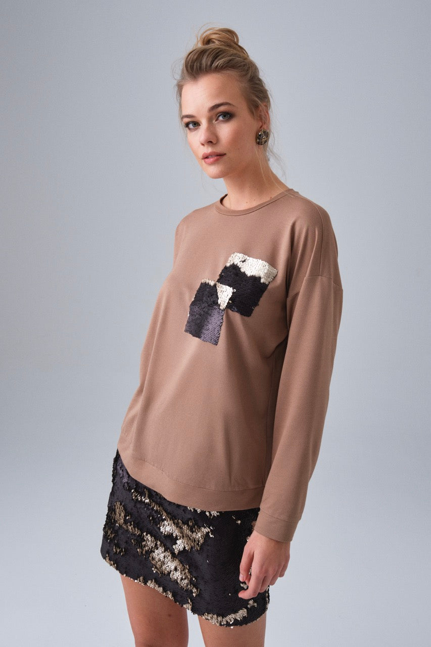 Brown Sequin Detailed Sweatshirt