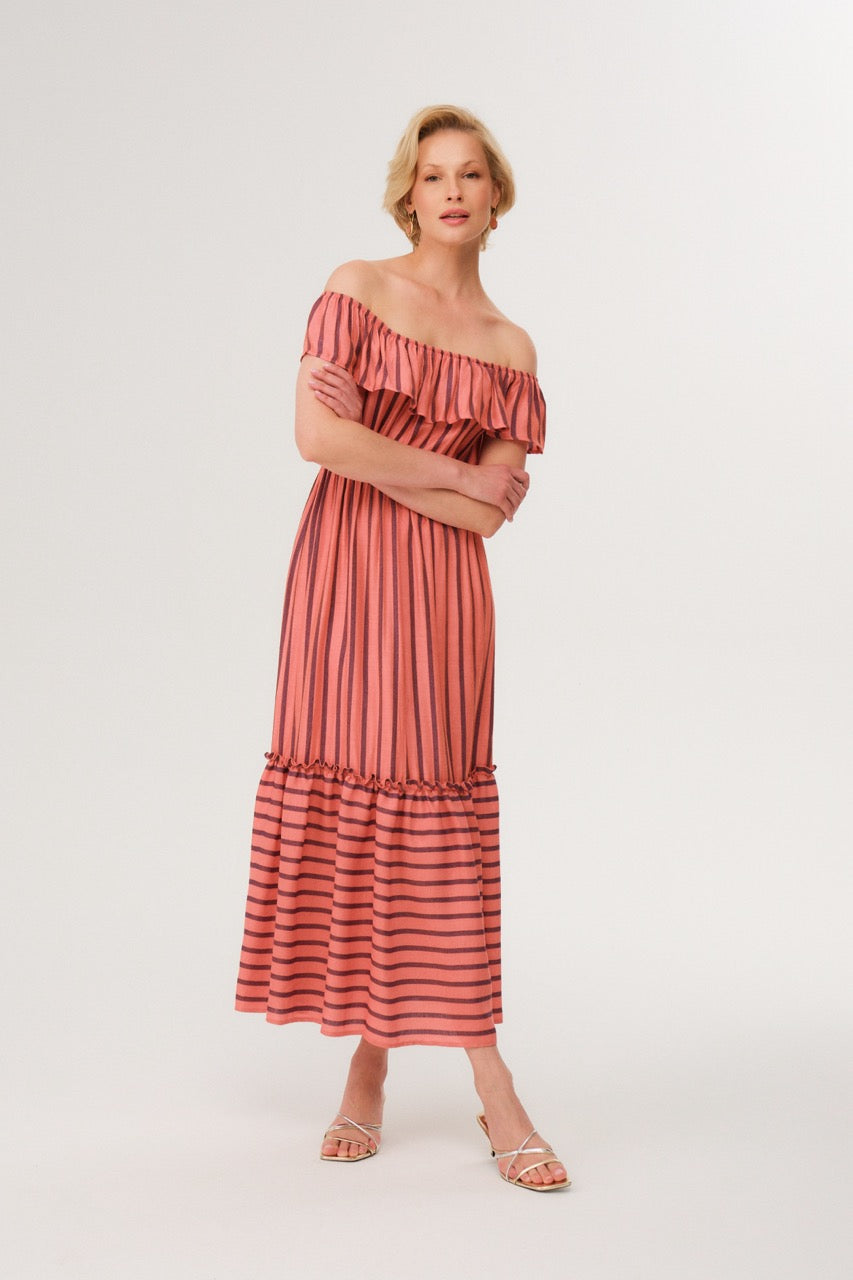 Coral Stripes Off-Shoulder Dress