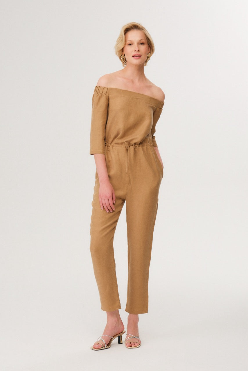 Camel Off-Shoulder Jumpsuit