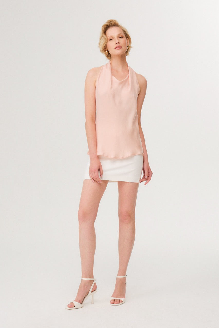 Pink Cowl Neck Top and White Skirt